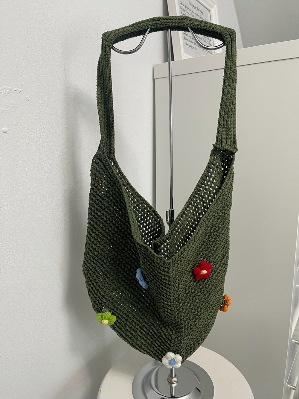 Olive Green Crochet Shoulder Bag with Flower Accents